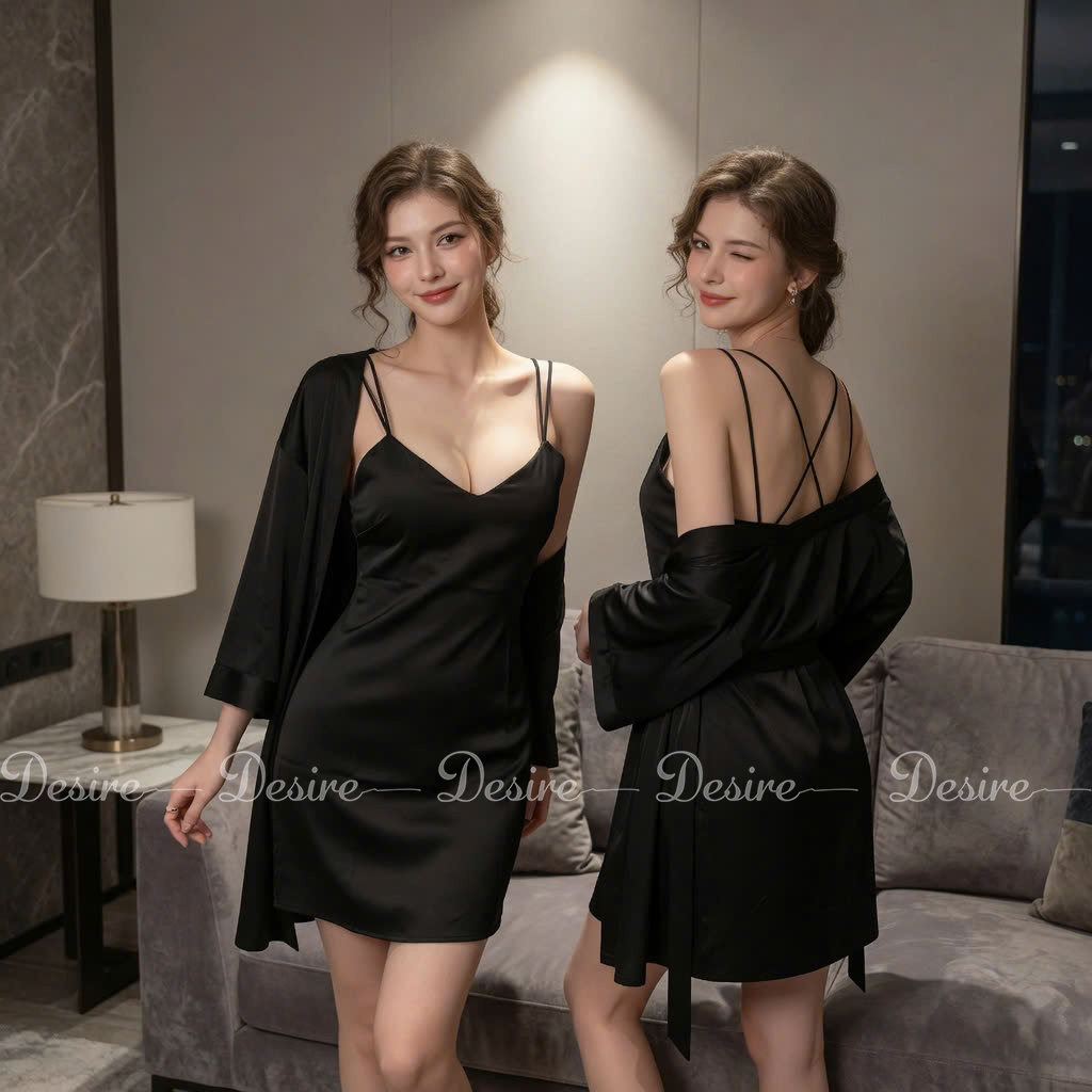 Desire Store, Set Váy ngủ lụa hai dây chéo lưng gợi cảm váy ngủ lụa chất mềm mịn VN-1320 - Váy + Choàng Đen, L image 16 of 18