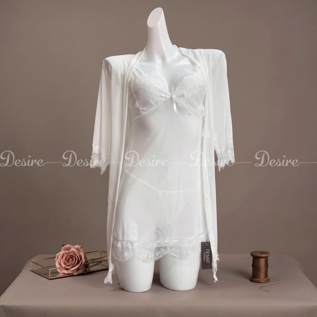 Desire Store, Set Váy ngủ ren, Áo choàng và Quần lót ren DESIRE VN-525 - Trắng, L 55-65kg image 14 of 15