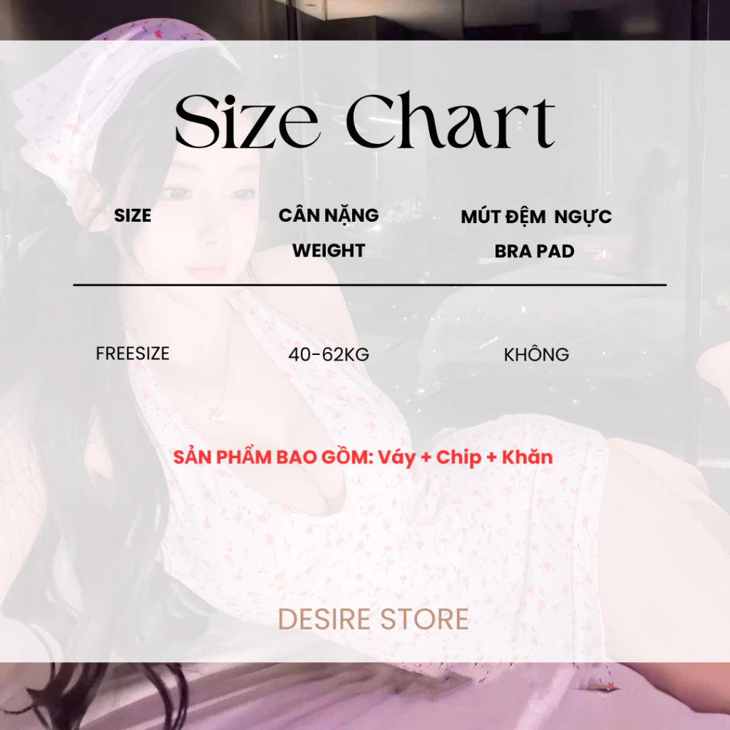 Desire Store, Váy Ngủ Thun Mặc Nhà Cổ Yếm Hoạ Tiết Hoa Nhí Kèm Khăn Đầu - Đầm Ngủ Dễ Thương Kèm Chip DESIRE A02 image 5 of 6