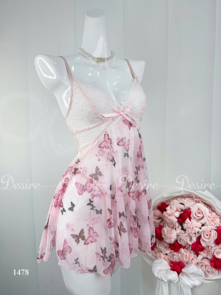 Desire Store, Váy Ngủ Hai Dây Phối Ren Thắt Nơ Dáng A Tà Bèo Ngọt Ngào DESIRE - 1478 (Sweet A-Line Camisole Nightdress with Lace, Bow Detail, and Ruffled Hem DESIRE - 1478) image 2 of 7