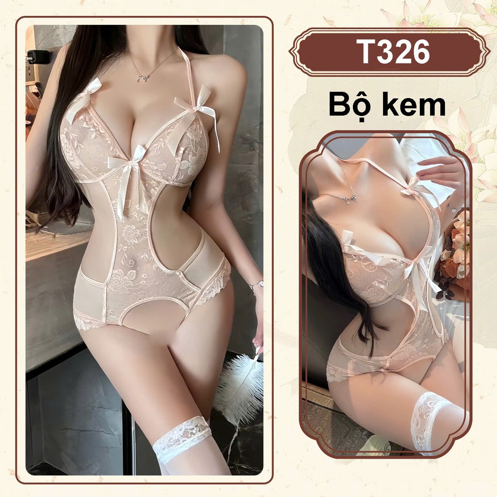 Desire Store, Bodysuit ren - Váy Ngủ liền thân Hoa Xuyên Thấu Hở Sườn Thắt Nơ Sexy T326 - Bộ kem image 14 of 20