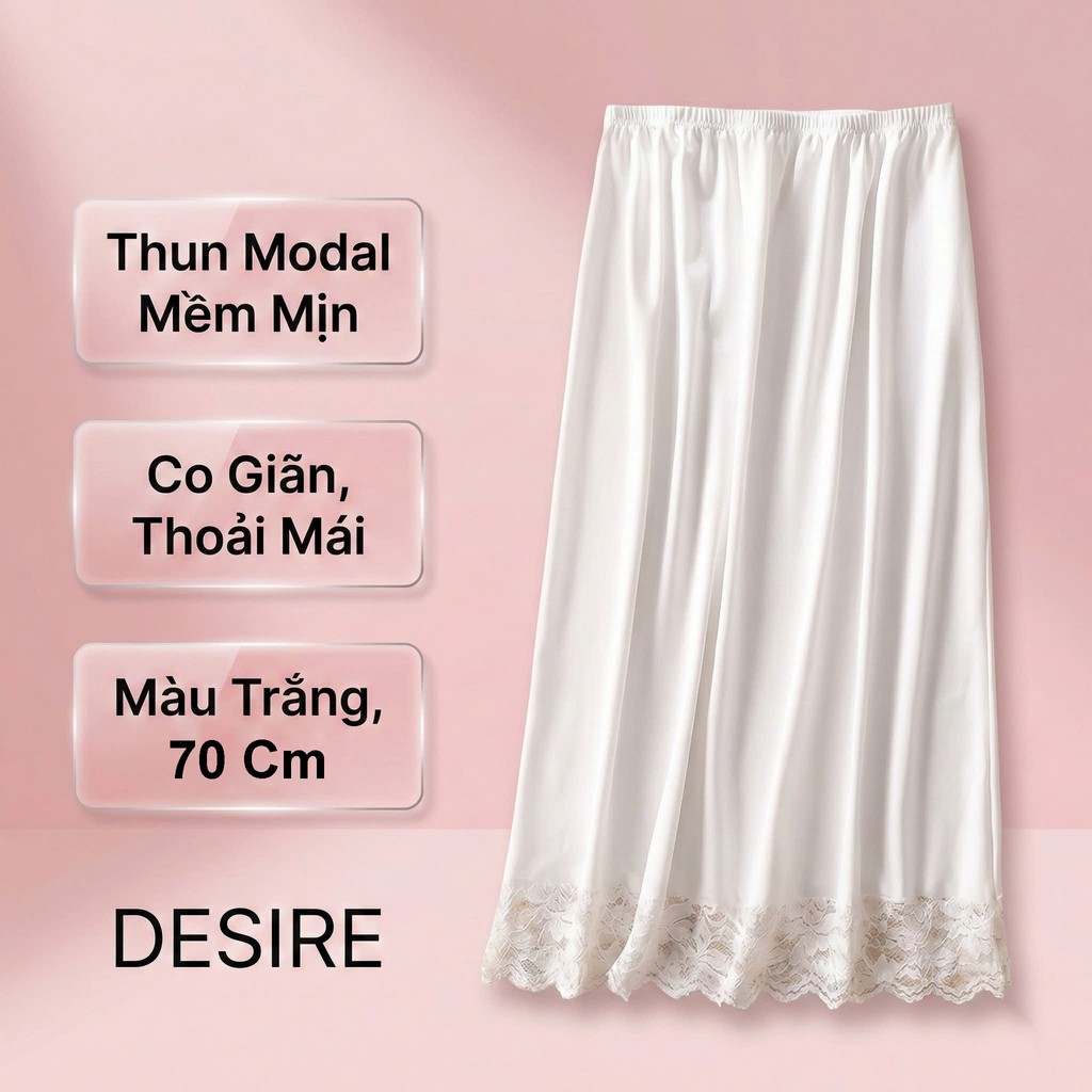 Desire Store, Chân Váy lót thun modal  (gỗ sồi) dáng xòe rộng thoải mái - Chân váy mặc lót thun mịn mát Desire VN-064 - Trắng 70cm viền ren, XL 61-75kg image 21 of 40