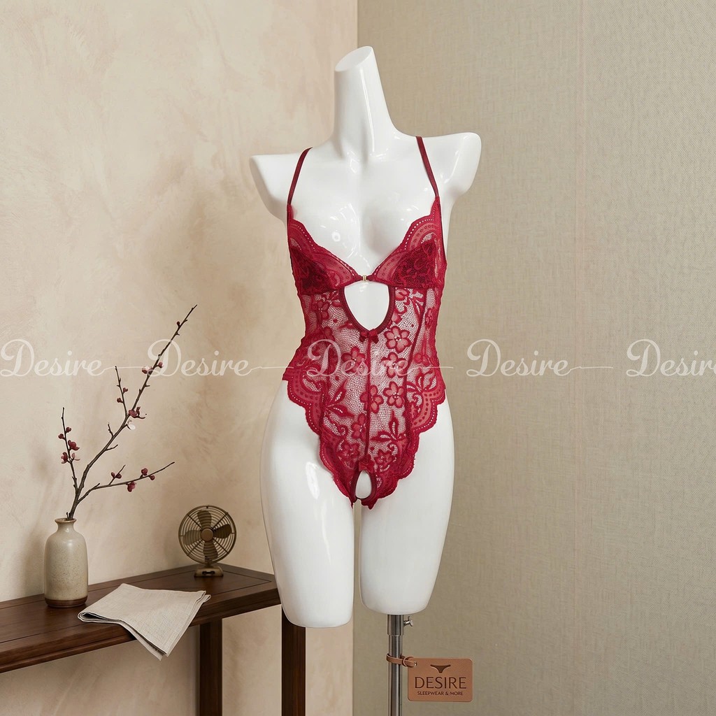 Desire Store, Bodysuit xuyên thấu xẻ đáy - Váy ngủ hai dây liền thân chất ren mềm mại DESIRE VN-8748 - Đỏ, XL image 12 of 13