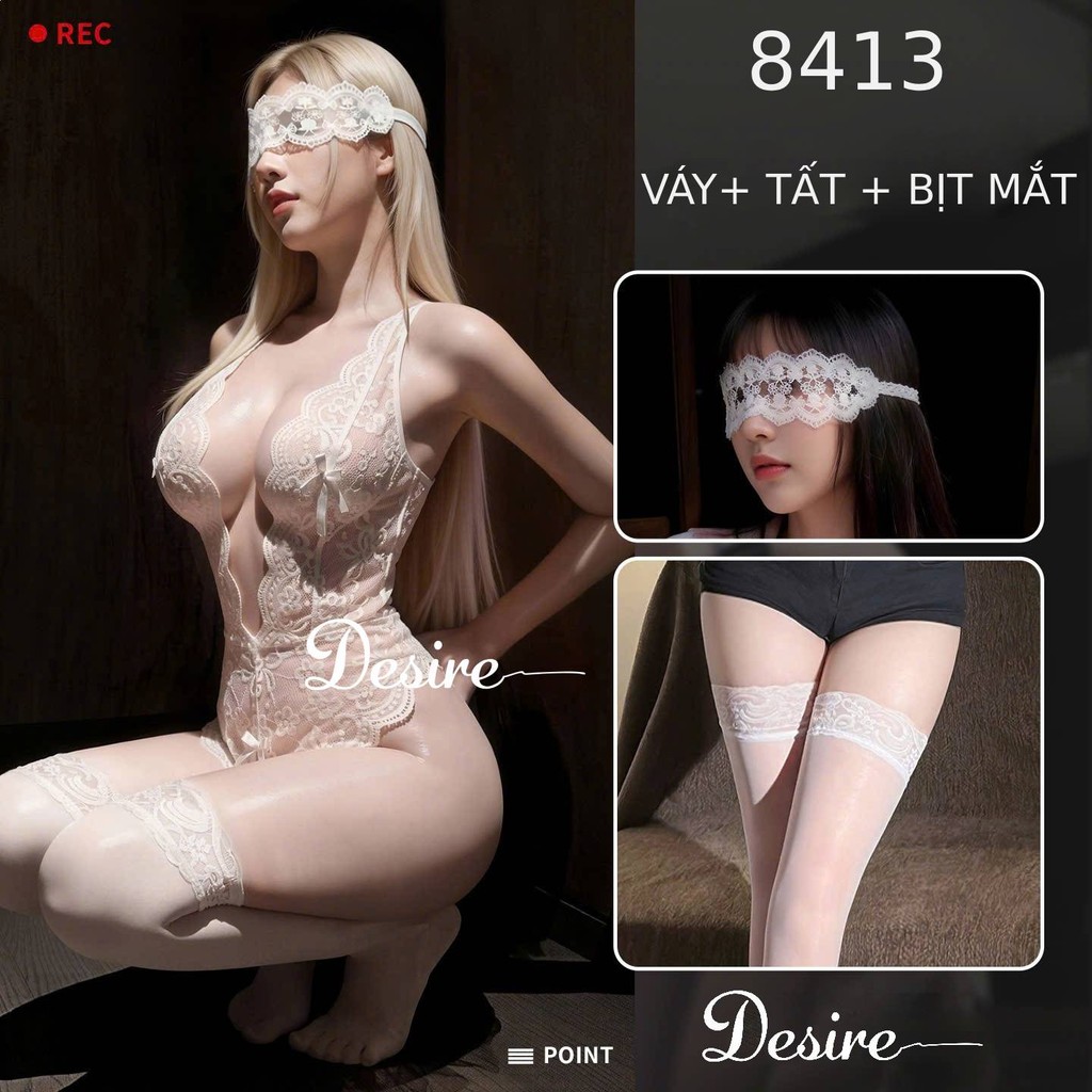 Desire Store, Bodysuit ren Jumpsuit ren váy ren xuyên thấu gợi cảm sexy DESIRE VN-8413 - Trắng + Bịt mắt W23 trắng+ Tất T-03 trắng, M image 33 of 34