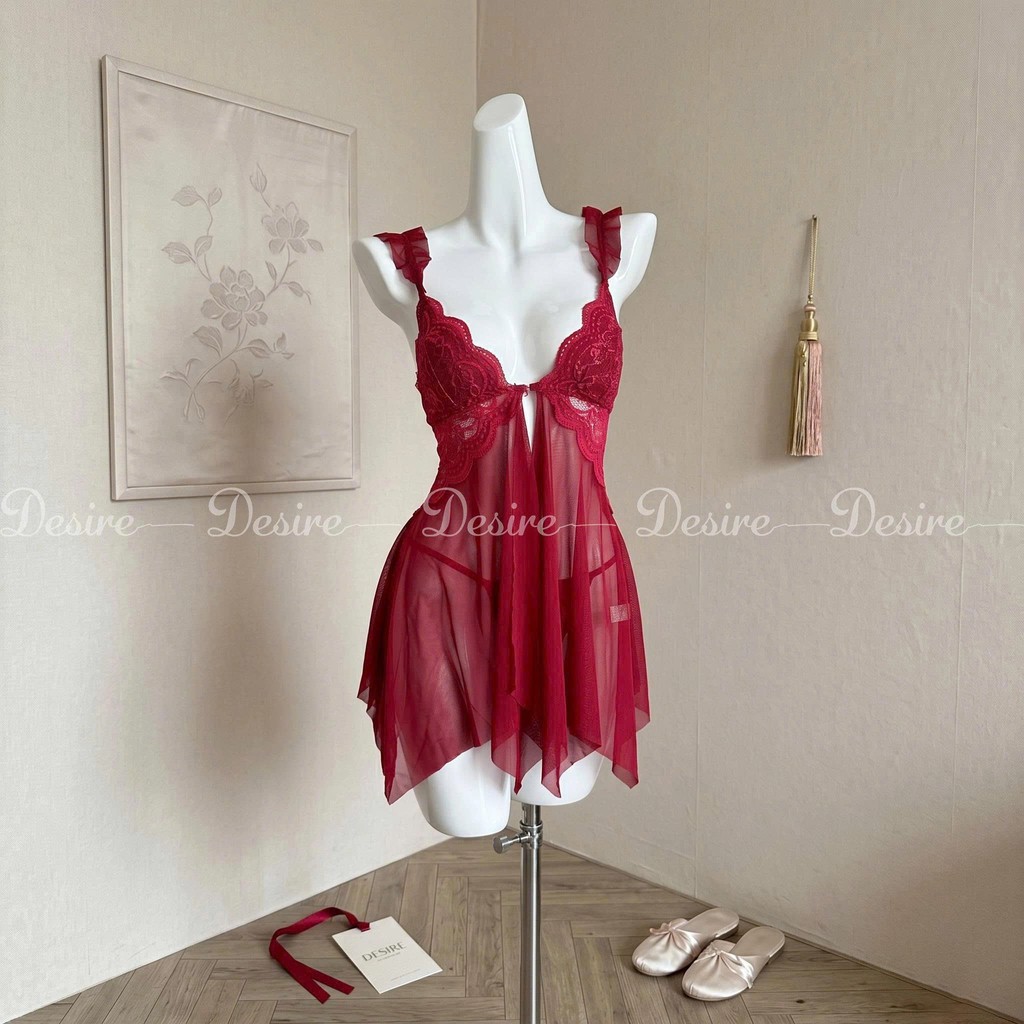 Desire Store, Váy Ngủ Ren Cài Trước Xuyên Thấu Có Mút Đệm Ngực Sexy Kèm Quần Chip DESIRE VN-1052-1 - Đỏ image 12 of 14