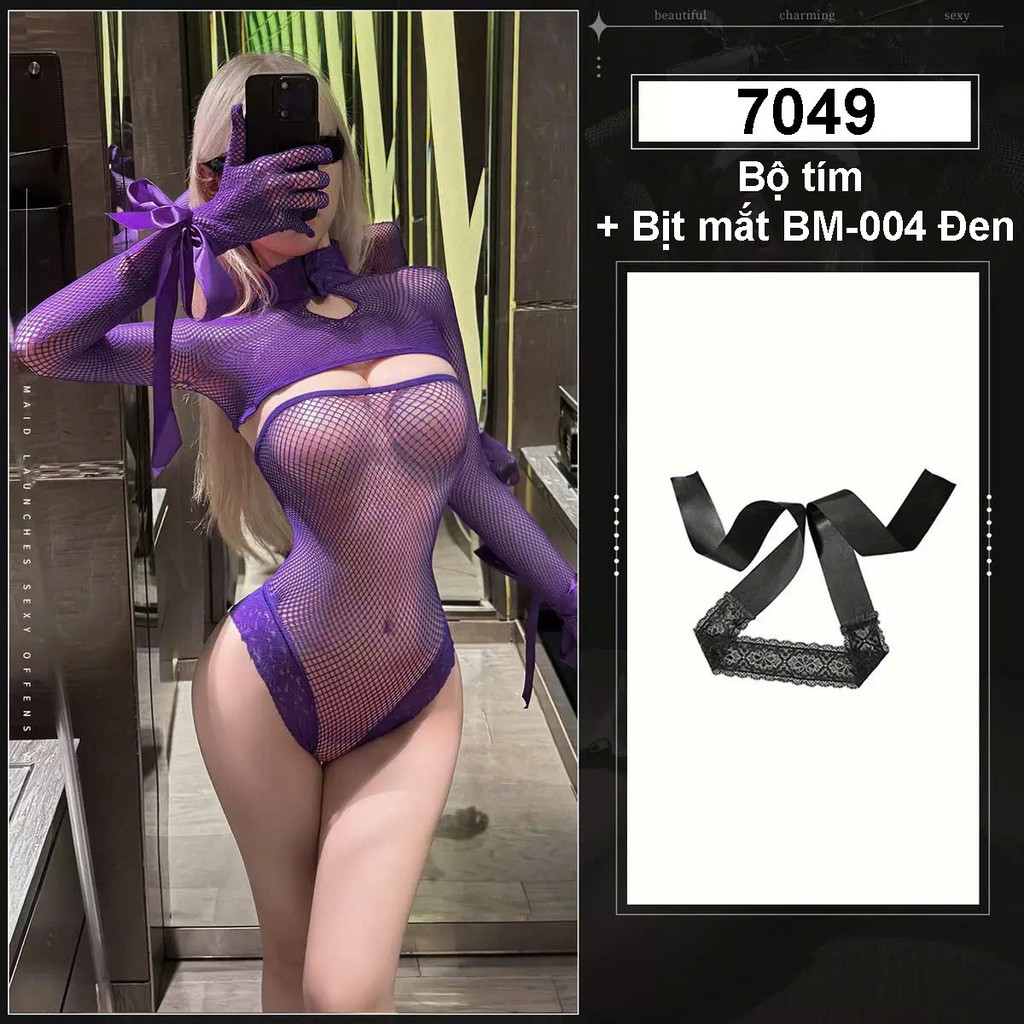 Desire Store, 7049 Bộ đồ lót liền thân Bodysuit lưới xuyên thấu sexy gợi cảm DESIRE  - Bộ Tím+BM-004 Đen image 14 of 20