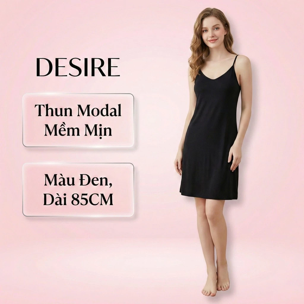 Desire Store, Váy ngủ mặc lót Nữ cổ V chất thun Modal Gỗ sồi cao cấp - Váy hai dây mặc trong mềm mịn dáng ôm DESIRE BTM-1009 - Đen ngắn 80cm, XL (56~62kg) image 12 of 21