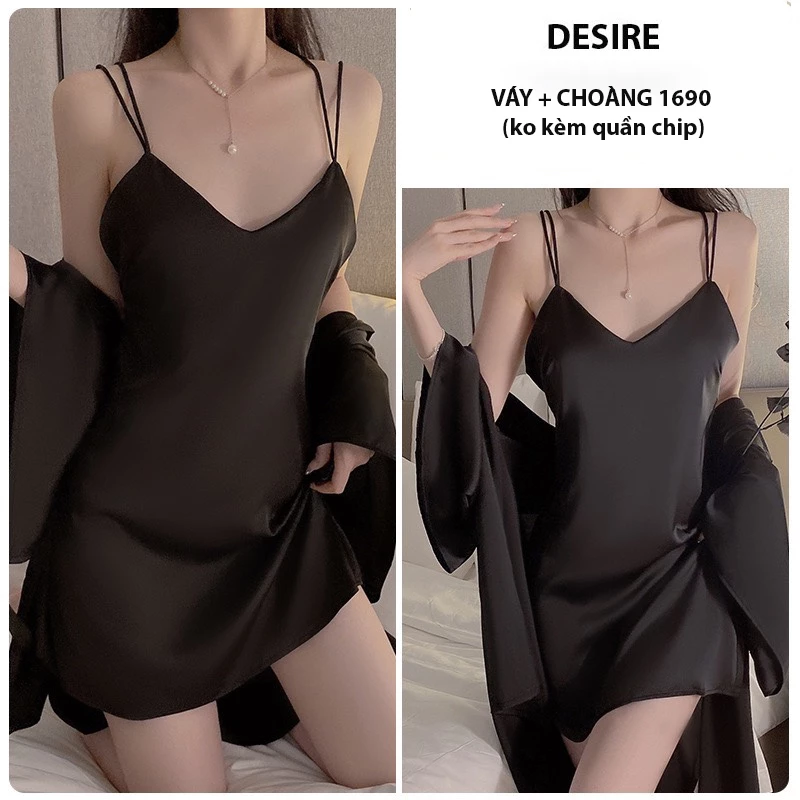 Desire Store, Set Váy ngủ lụa hai dây chéo lưng gợi cảm váy ngủ lụa chất mềm mịn VN-1320 - Váy + Choàng Đen, L image 14 of 16