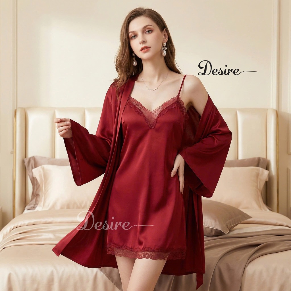 Desire Store, Váy ngủ lụa Đầm ngủ hai dây lụa kèm chip phối ren gợi cảm sexy VN-169-1 image 2 of 23
