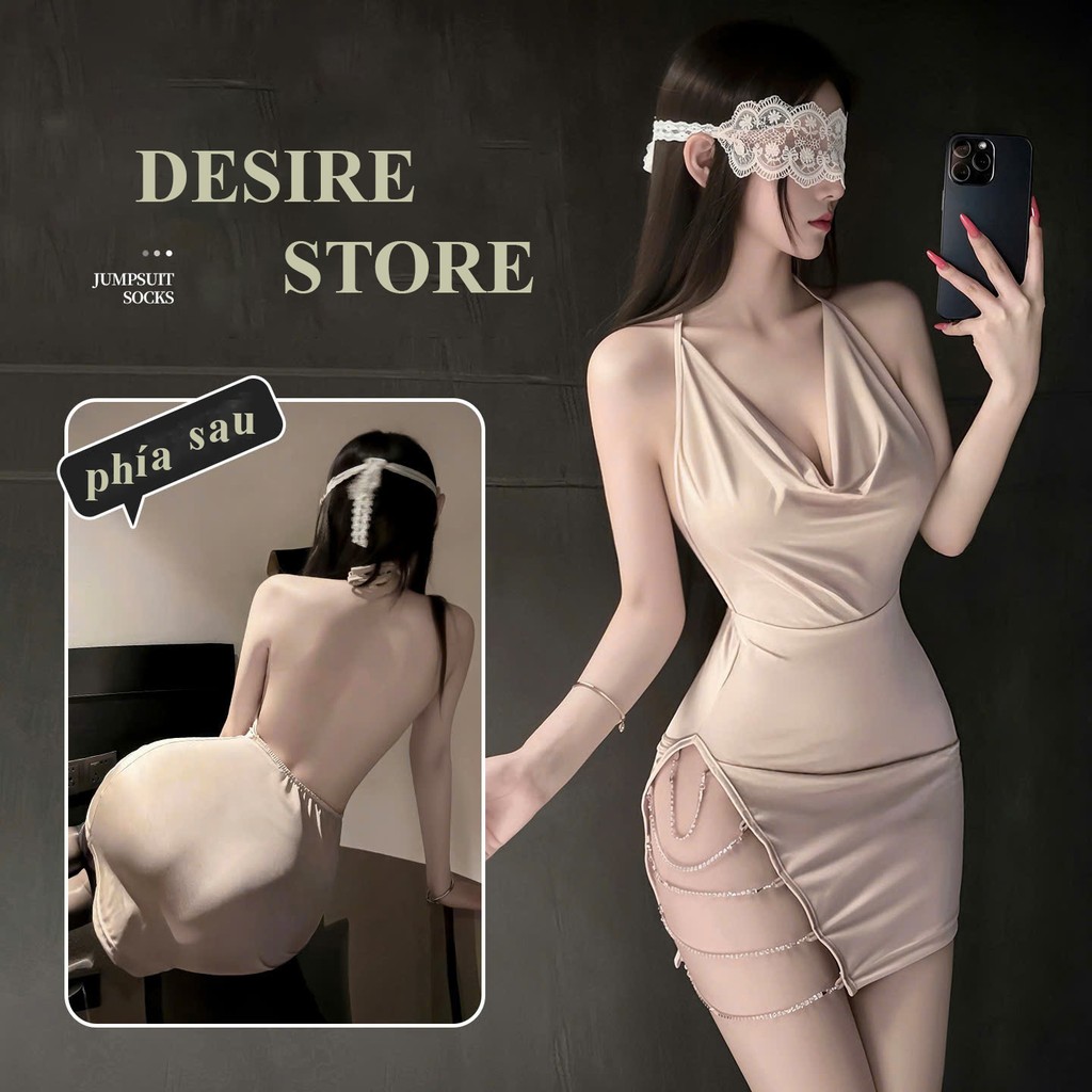 Desire Store, 660 Váy Ngủ Lụa Body Cổ Yếm Đổ Hở Lưng - Đầm Ngủ Sexy Xẻ Tà Đính Dây Đá Lấp Lánh Desire image 1 of 8