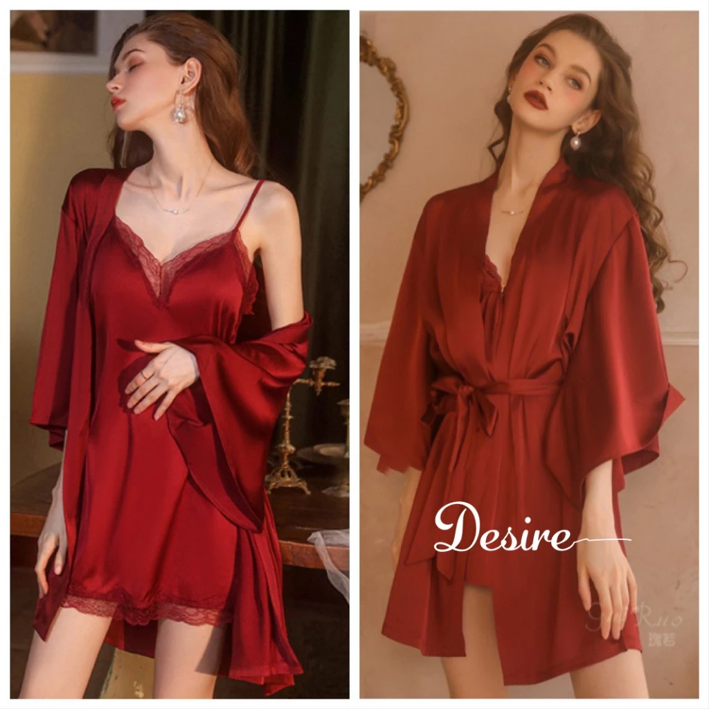 Desire Store, Váy ngủ lụa Đầm ngủ hai dây lụa kèm chip phối ren gợi cảm sexy VN-169 - Váy + choàng đỏ, M image 18 of 20