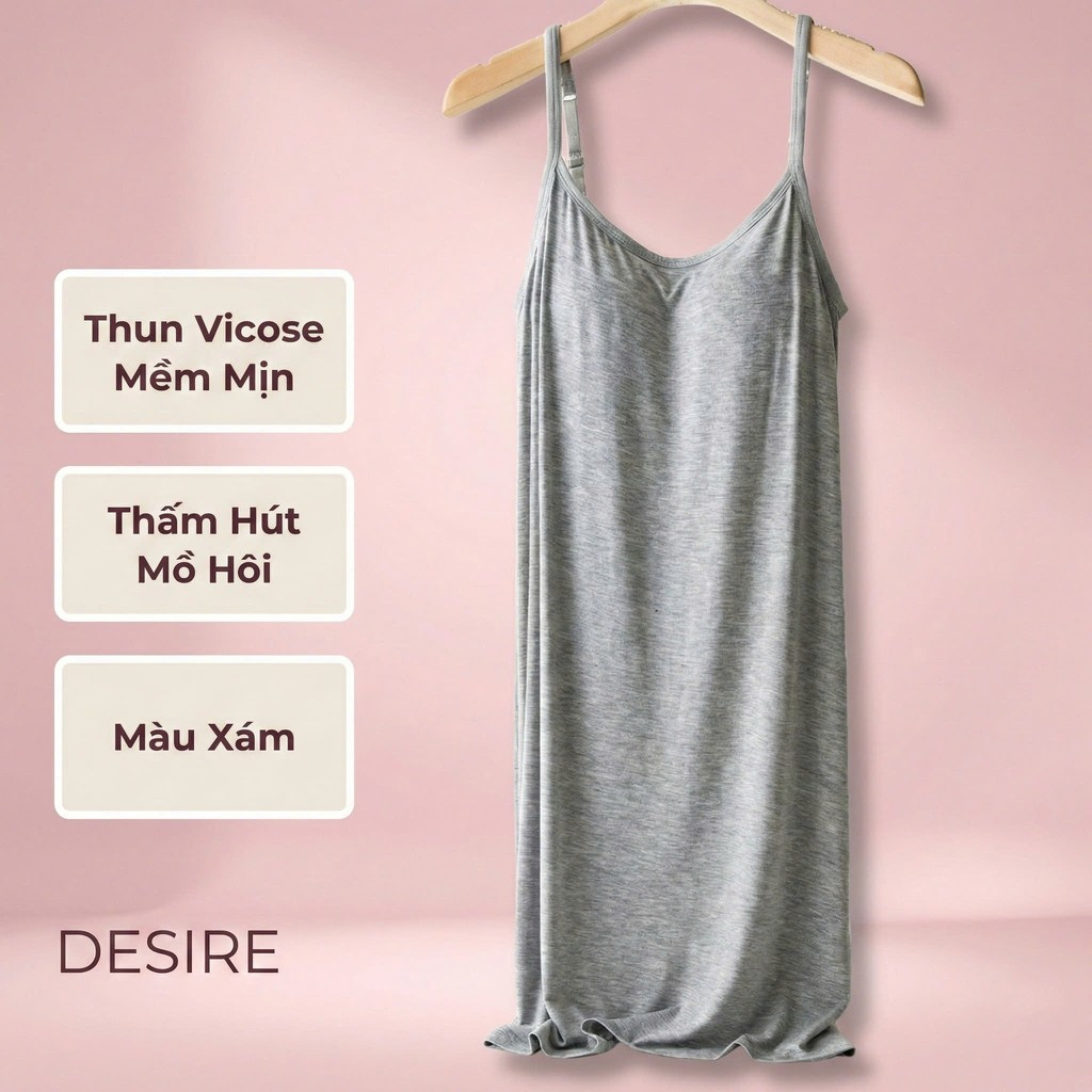 Desire Store, Váy đầm hai dây thun Vicose mềm mịn có đệm mút ngực và tăng đơ DESIRE VNN-0072 - Xám, M image 10 of 21