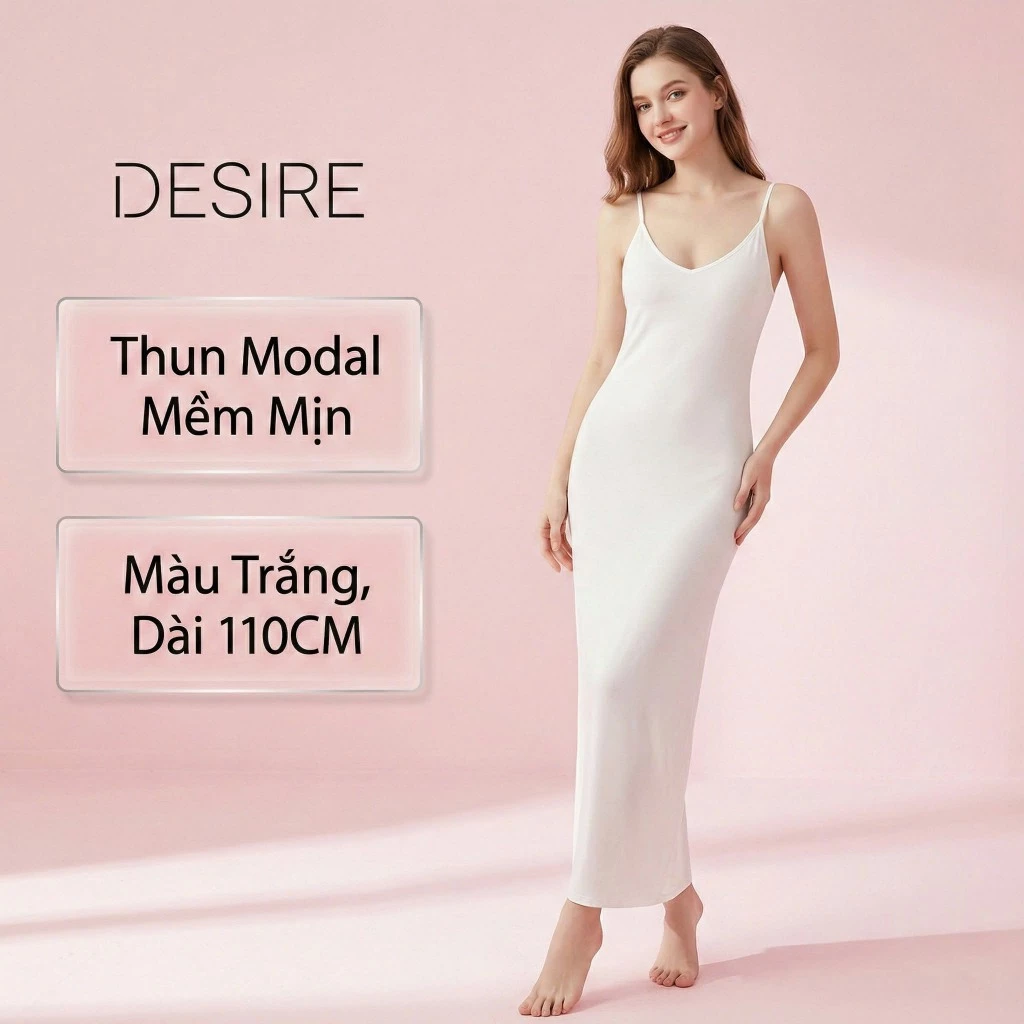 Desire Store, Váy ngủ mặc lót Nữ cổ V chất thun Modal Gỗ sồi cao cấp - Váy hai dây mặc trong mềm mịn dáng ôm DESIRE BTM-1009 - Trắng dài 110cm, XL (56~62kg) image 18 of 21