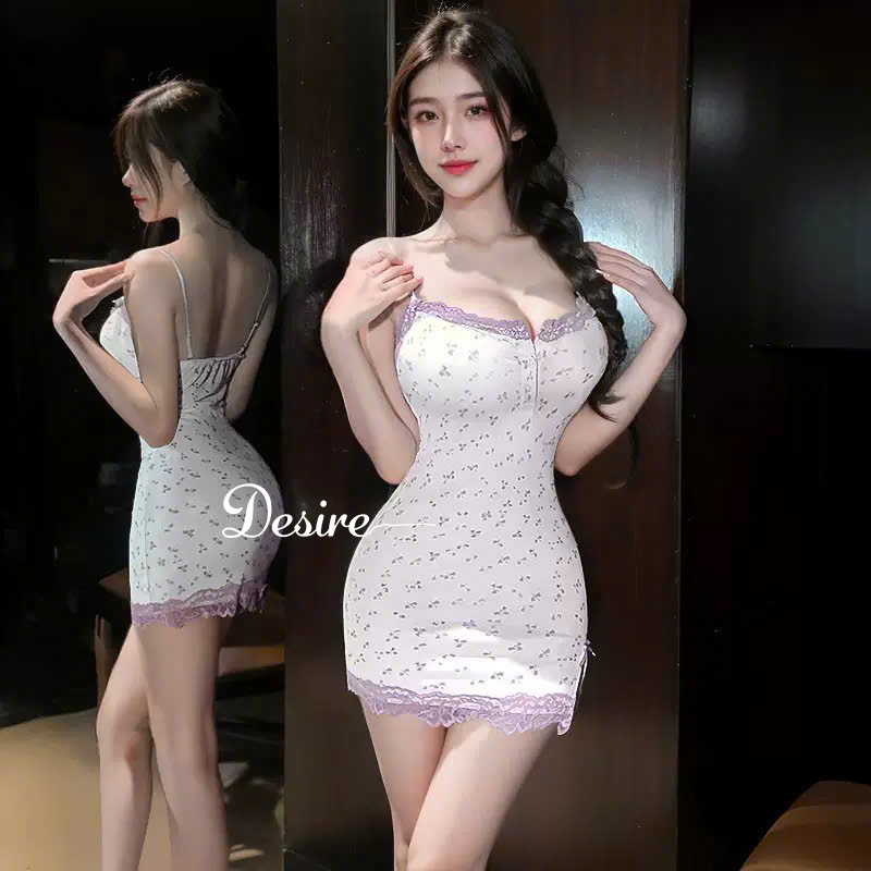Desire Store, Váy Ngủ Nữ Hai Dây Họa Tiết Hoa Nhí Tím - Chất Thun Co Giãn Mềm Mại Có Mút DESIRE W03 image 2 of 11