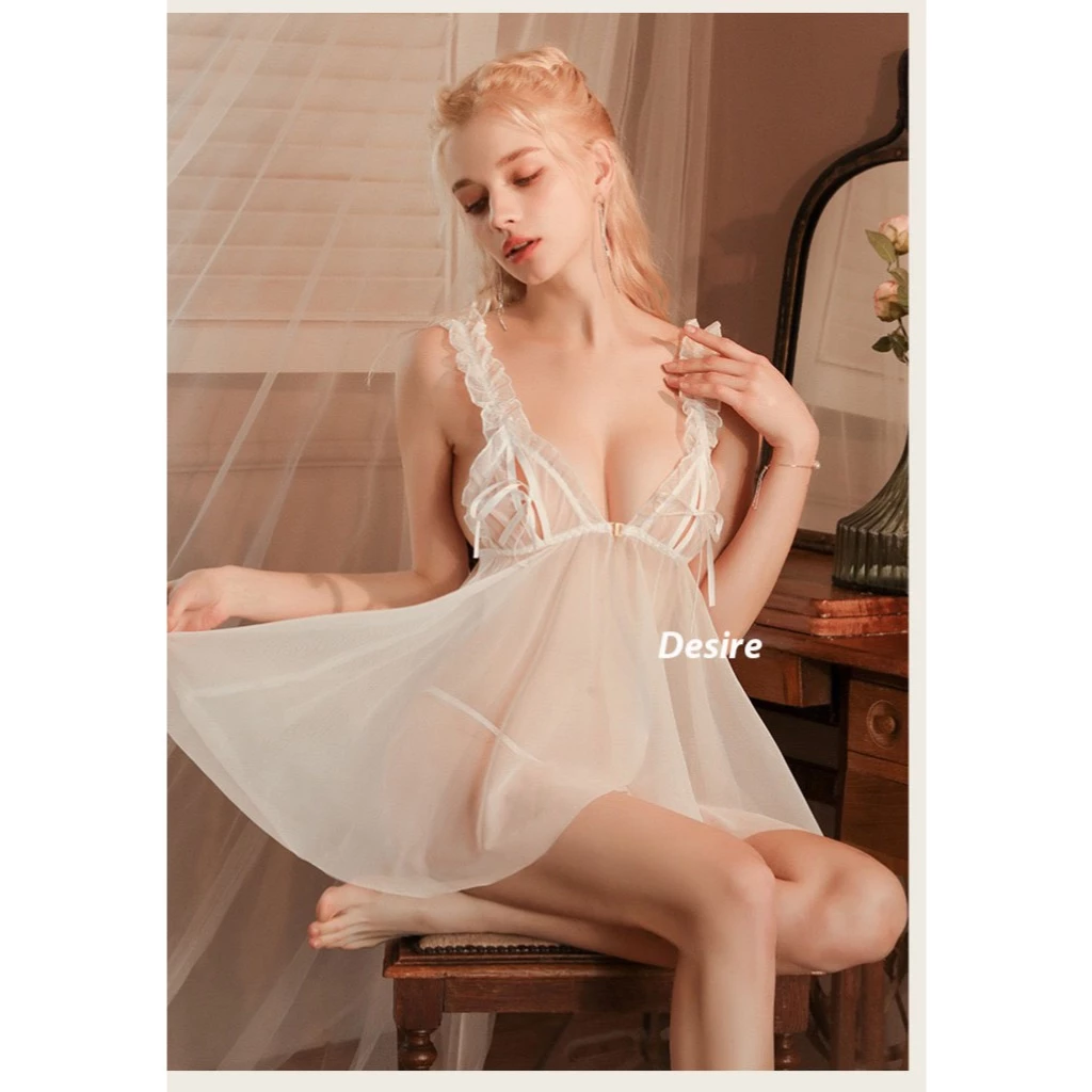 Desire Store, Váy ngủ ren sexy cài trước xẻ trước kèm chip chất ren mềm mịn VN-8471 - Trắng, L image 10 of 12