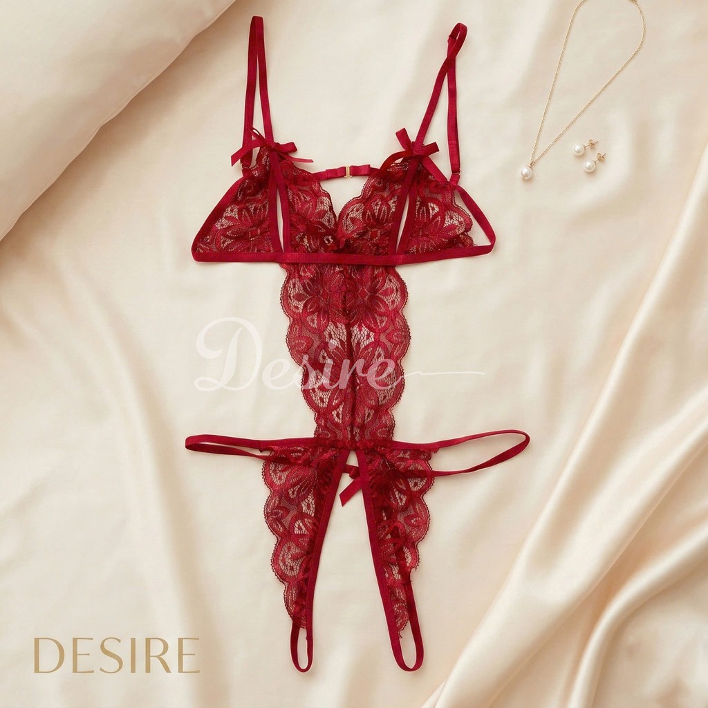 Desire Store, Set đồ lót liền thân ren xẻ đáy và Áo choàng lụa set lót ren gợi cảm sexy VN-8458 image 9 of 22