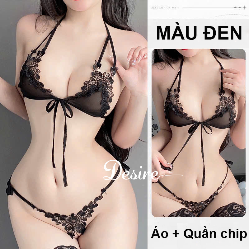 Desire Store, Bộ đồ lót ren cột dây ren xuyên thấu phong cách nữ tính quyến rũ DESIRE VN-2056 - Bộ đen, Bigsize 60-75kg image 9 of 10