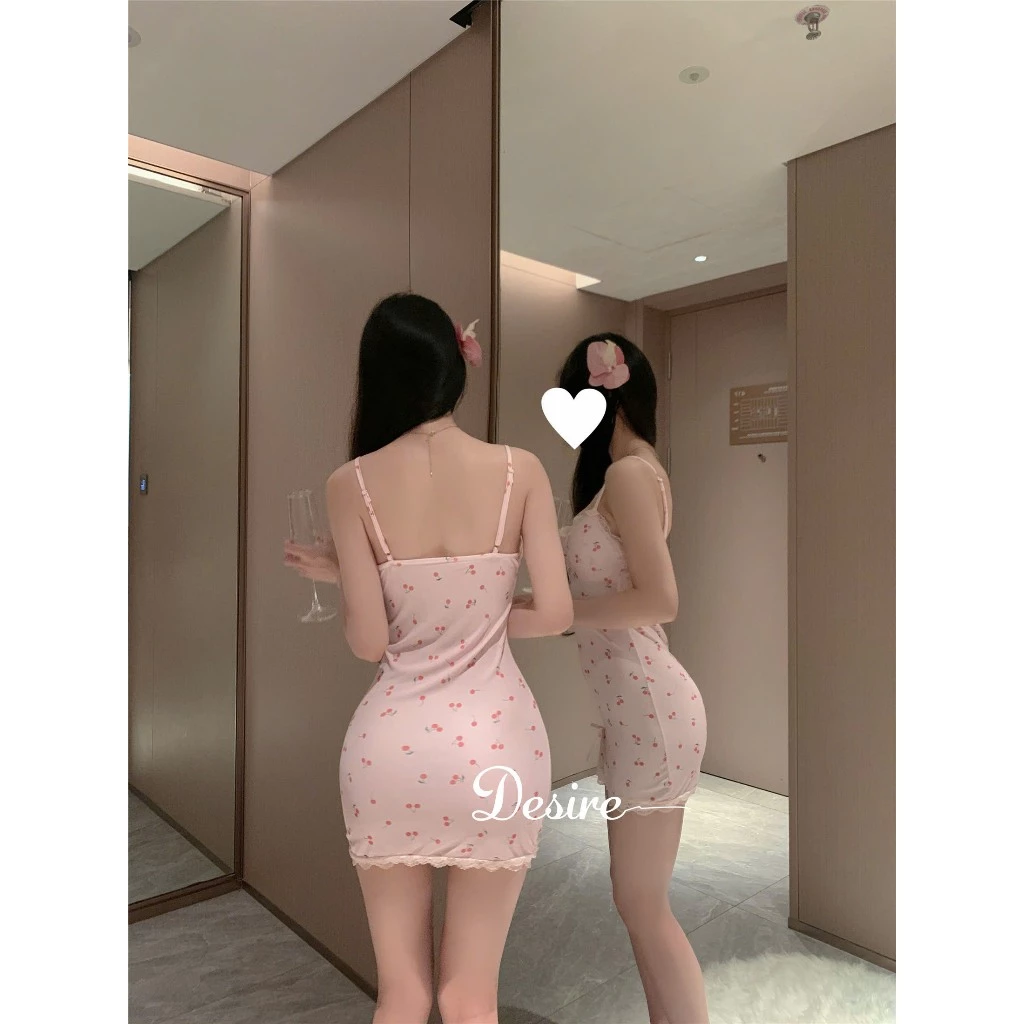 Desire Store, Váy ngủ hai dây ôm body họa tiết cherry - Đầm ngủ nữ viền ren xẻ tà thắt nơ quyến rũ DESIRE C123 image 5 of 10