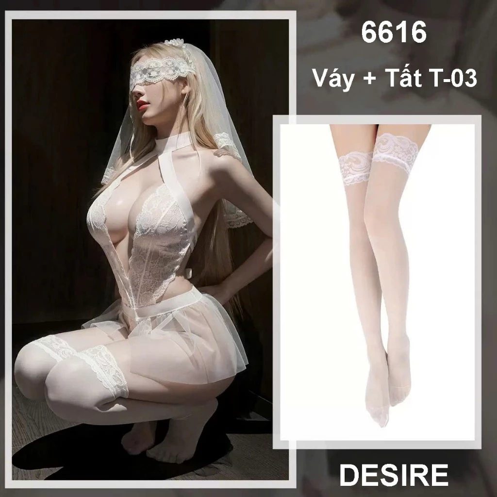 Desire Store, 6616 Set váy ngủ Cosplay Cô Dâu Bride gợi cảm kèm khăn voan cao cấp DESIRE - Váy +Tất T-03 Trắng image 12 of 13