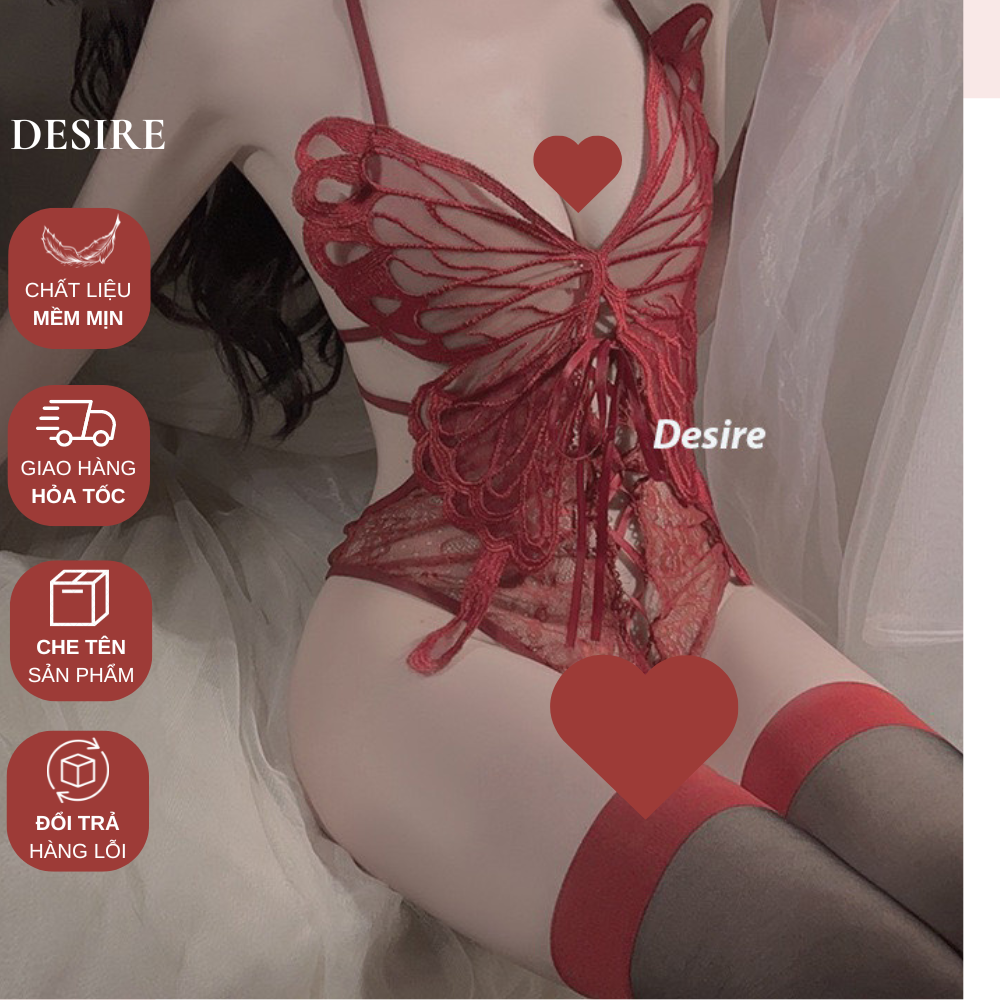 Desire Store, ✨ BODYSUIT REN CÁNH BƯỚM ĐAN DÂY BỤNG RED WINE - DESIRE STORE ✨ VN-4009  (✨ Red Wine Lace Butterfly Bodysuit with Lace-Up Waist - DESIRE STORE ✨ VN-4009) image 3 of 13