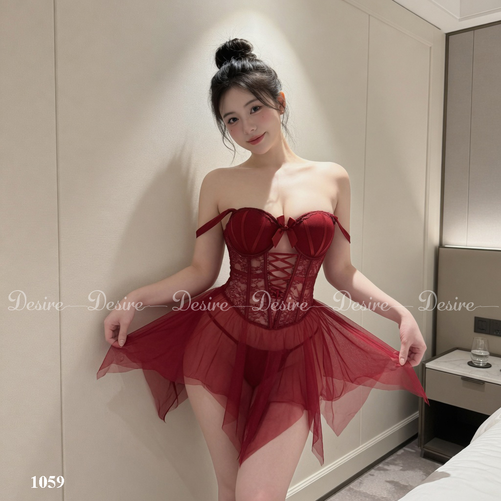 Desire Store, Váy ngủ ren xoè xuyên thấu có mút nâng ngực sexy gợi cảm kèm quần chip DESIRE 1059 (Sexy red lace camisole nightdress with matching panties DESIRE-1059) image 3 of 18
