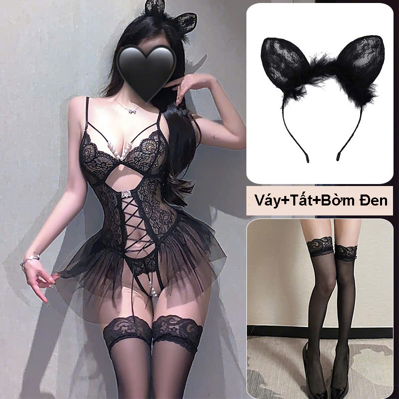 Desire Store, Bodysuit Ren - Váy Ngủ Sexy Xuyên Thấu Đính Ngọc Cao Cấp, Thiết Kế Đan Dây DESIRE 1420 - Váy+Tất+Bờm Đen image 17 of 19