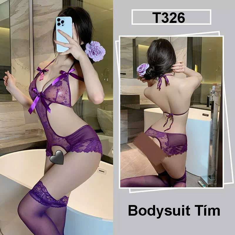 Desire Store, Bodysuit ren - Váy Ngủ liền thân Hoa Xuyên Thấu Hở Sườn Thắt Nơ Sexy T326 image 8 of 16