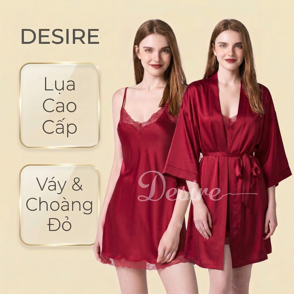 Desire Store, Váy ngủ lụa Đầm ngủ hai dây lụa kèm chip phối ren gợi cảm sexy VN-169 - Váy + choàng đỏ, L image 23 of 30