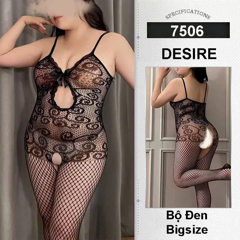 Desire Store, 7056 Bộ đồ ngủ liền thân Bodysuit ren xuyên thấu xẻ đáy sexy gợi cảm DESIRE  - Đen, Bigsize (70-85kg) image 9 of 9