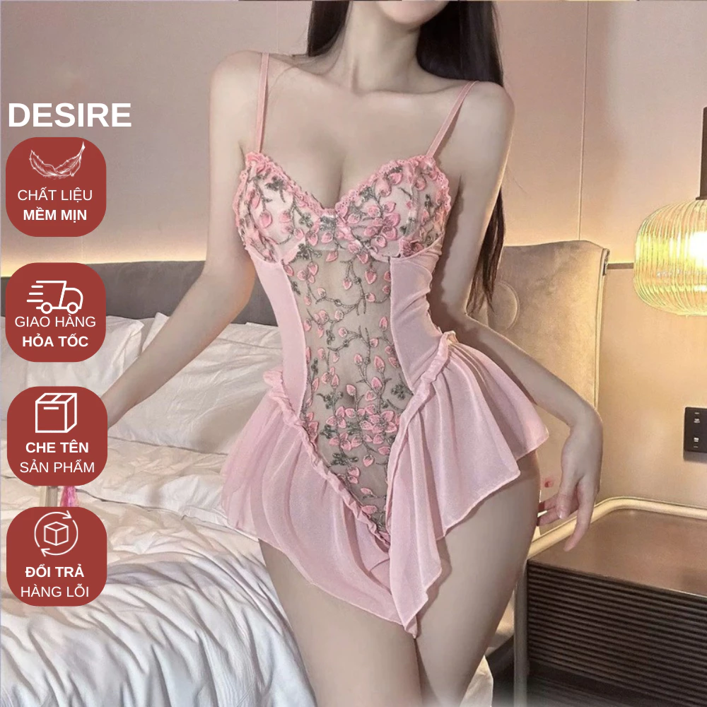 Desire Store, Váy ngủ ren liền thân bodysuit hoạ tiết hoa thêu nổi VN-1130 - M (40-48kg) image 7 of 9