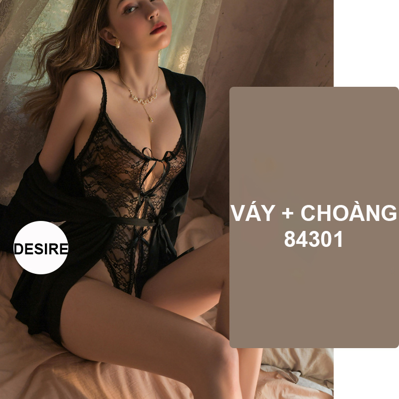 Desire Store, Bộ đồ ngủ liền thân bodysuit ren xẻ đáy gợi cảm DESIRE VN-8430-2 - Đen + Choàng, M image 13 of 14