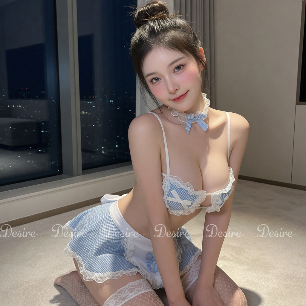 Desire Store, Bộ đồ ngủ hoá trang Cosplay hầu gái dễ thương caro xanh DESIRE 8500 (Cute Blue Plaid Maid Cosplay Sleepwear Set DESIRE 8500) image 5 of 18
