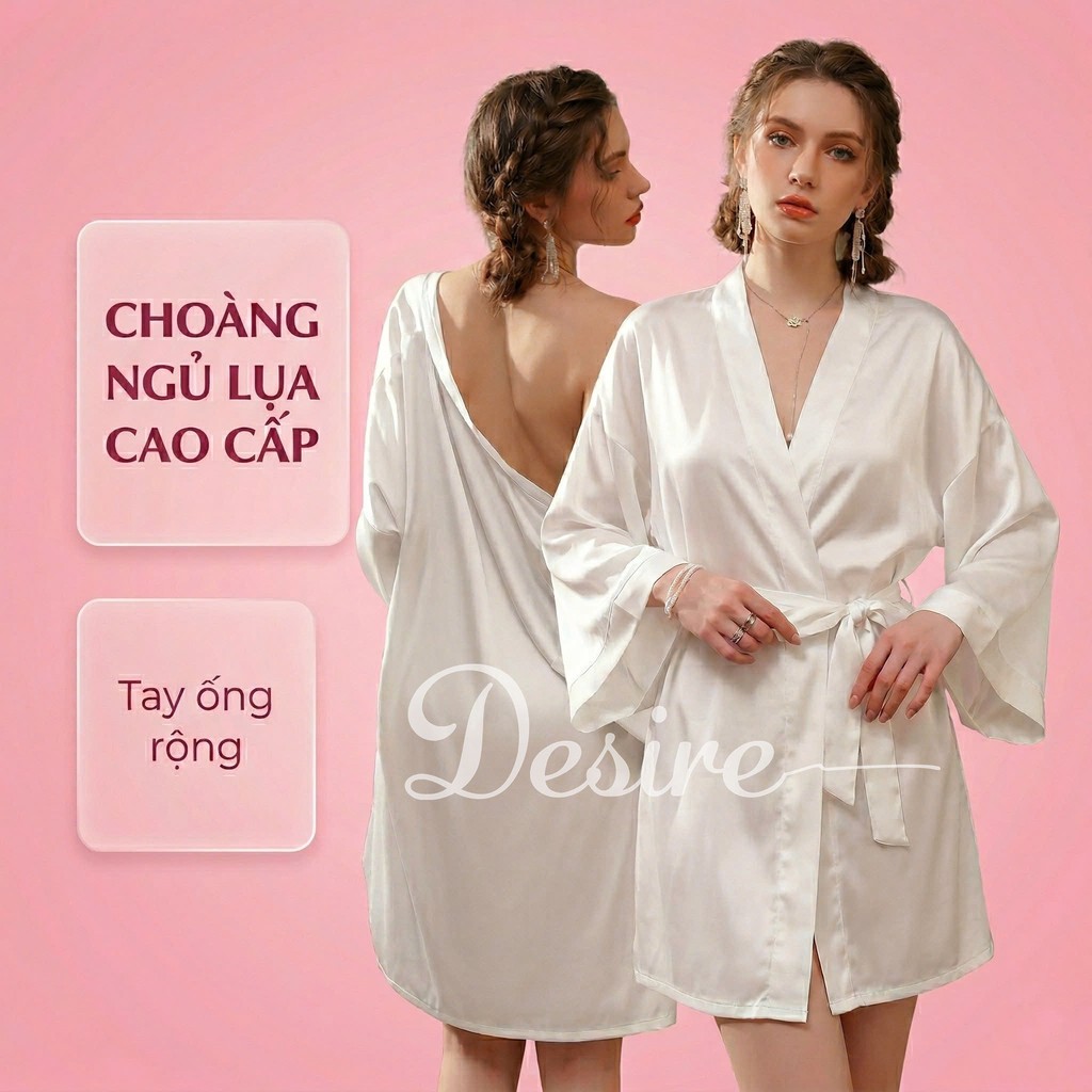 Desire Store, Áo choàng ngủ lụa tay ống rộng cao cấp Áo choàng cô dâu gợi cảm Bride hàng loại 1 VN-84301 image 7 of 13