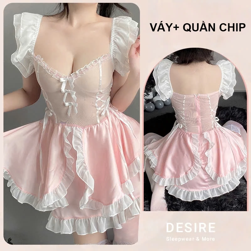 Desire Store, Bộ đồ Cosplay Lolita hầu gái gợi cảm, sexy chất thun mềm cao cấp DESIRE VN-2591 - Set cơ bản Hồng, L image 14 of 16