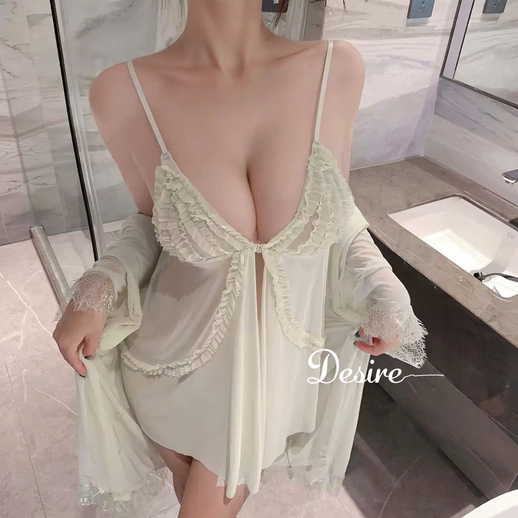 Desire Store, Set Váy Ngủ Voan Mỏng Phối Ren Nhún Bèo Sang Chảnh - Váy Ngủ Gợi Cảm Cao Cấp DESIRE B185 - Váy Xanh, L (60-80Kg) image 14 of 18