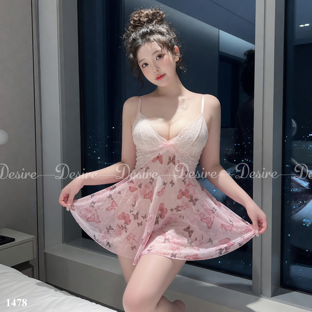 Desire Store, Váy ngủ hai dây lưới phối ren hoạ tiết cánh bướm nữ tính gợi cảm kèm quần lót DESIRE 1478 (Women's romantic mesh and lace camisole nightdress with butterfly motifs, including matching panties DESIRE 1478) image 11 of 16