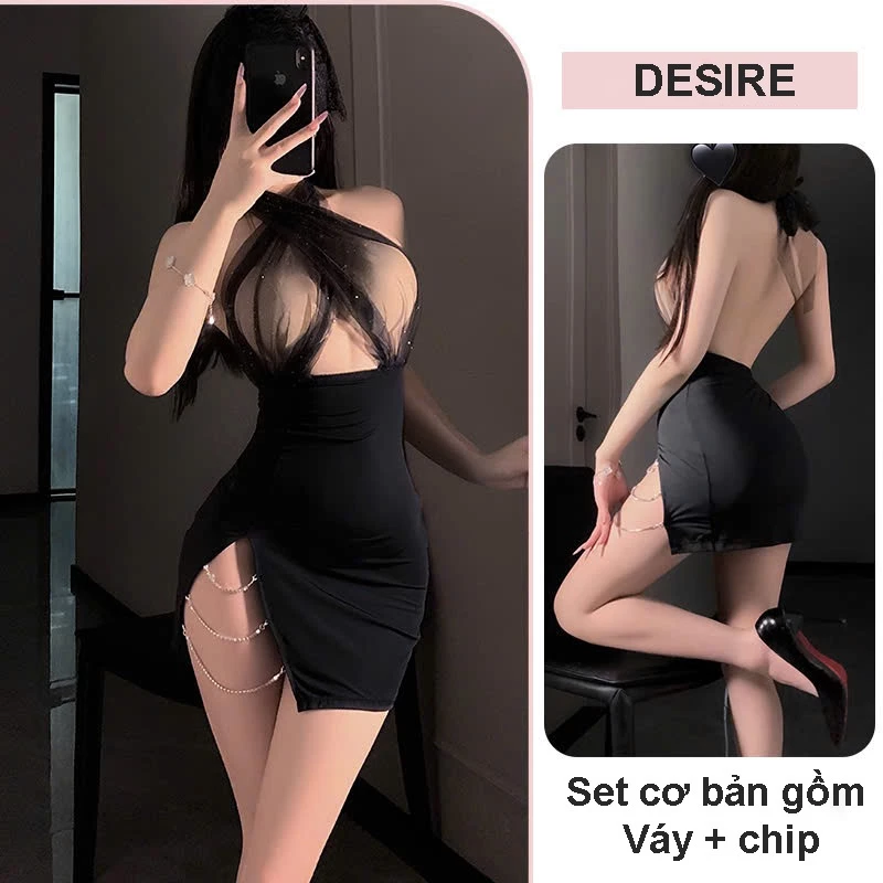 Desire Store, Váy ngủ cổ yếm phối lưới xẻ tà kèm chip phong cách sexy DESIRE VN-1291 - Váy đen image 8 of 8