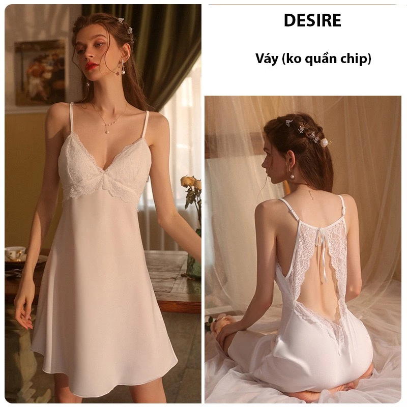 Desire Store, Váy ngủ lụa phối ren cut out lưng gợi cảm có mút ngực DESIRE VN-2621 - Trắng, L image 9 of 9