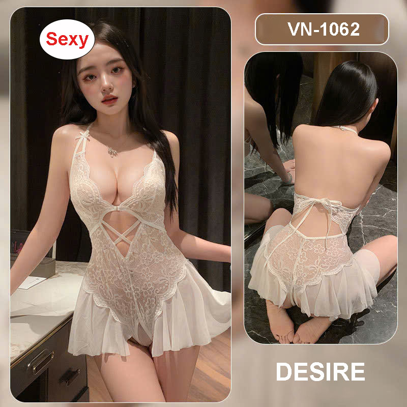 Desire Store, Bộ váy ngủ Bodysuit ren xuyên thấu phong cách sexy gợi cảm DESIRE VN-1062 - Trắng + Tất T-03 image 18 of 20