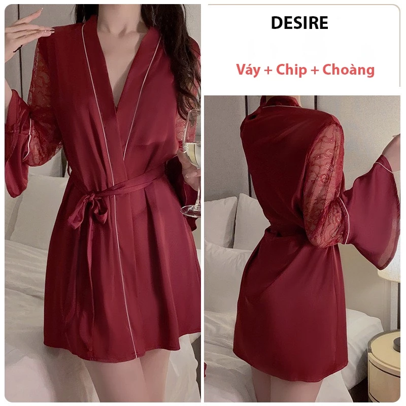 Desire Store, Váy ngủ lụa Đầm ngủ hai dây áo choàng lụa phối ren gợi cảm sexy chính hãng Guiruo QC cao cấp DESIRE VN-1170-1 - Váy + choàng đỏ, XL image 12 of 21