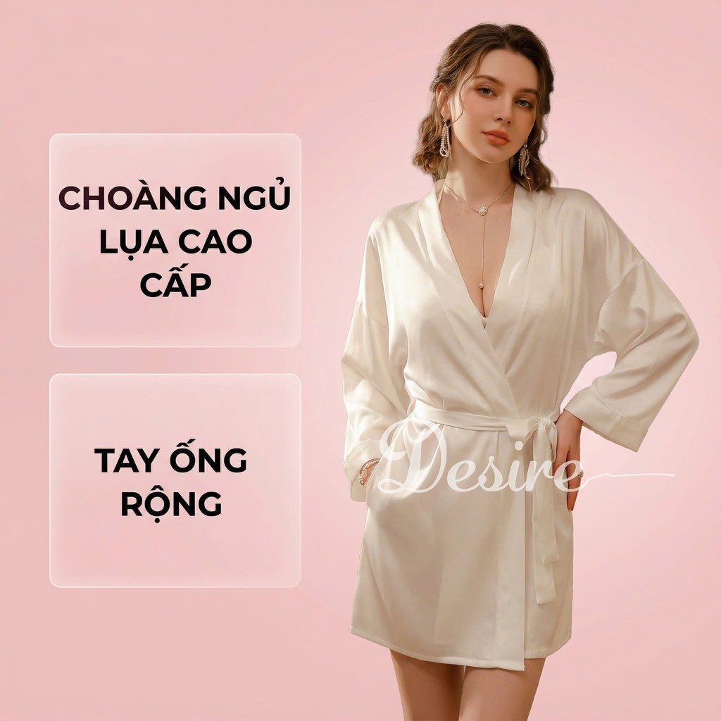 Desire Store, Áo choàng ngủ lụa tay ống rộng cao cấp Áo choàng cô dâu gợi cảm Bride hàng loại 1 VN-84301 image 9 of 13