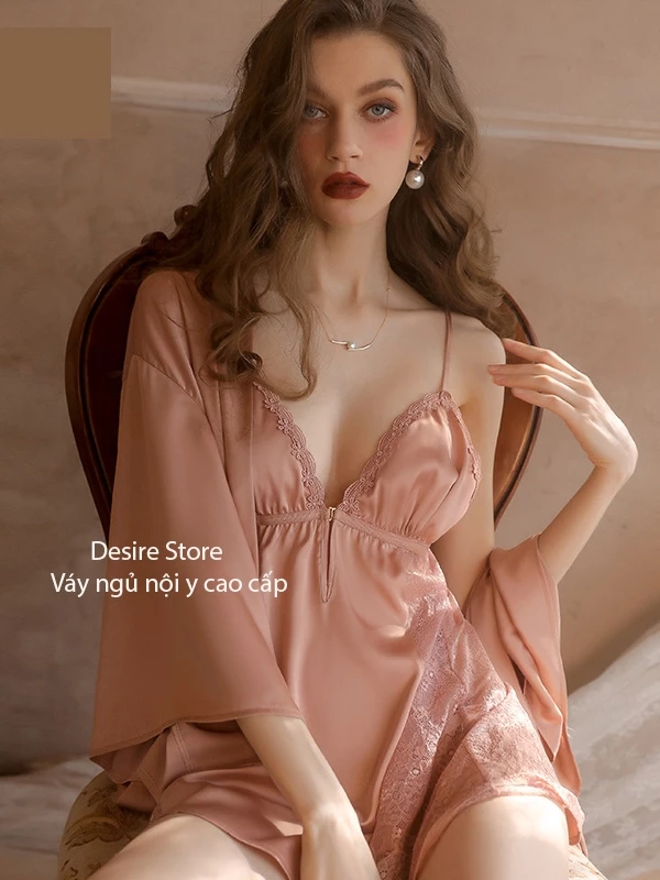 Desire Store, Set Váy ngủ hai dây có mút đệm ngực và áo choàng lụa cao cấp DESIRE VN-1690 image 4 of 28