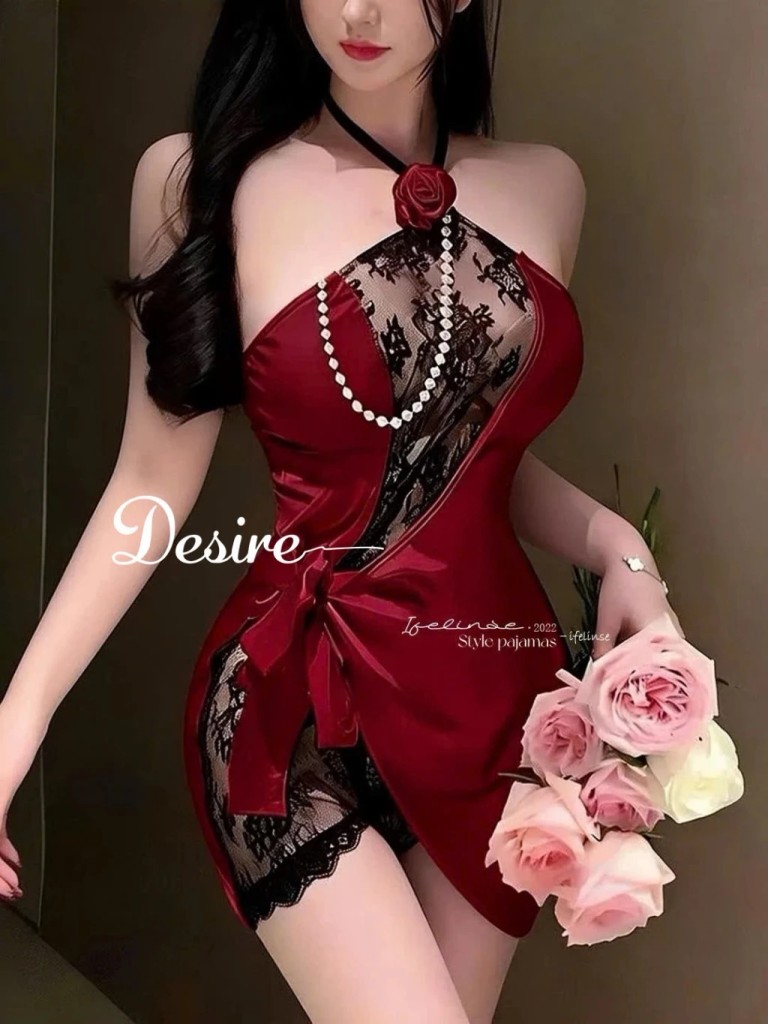 Desire Store, Váy Ngủ Sexy Cổ Yếm Đỏ Quyến Rũ - Đầm Ngủ Đính Hoa Hồng Phối Ren Sang Trọng DESIRE ZY181 image 8 of 11