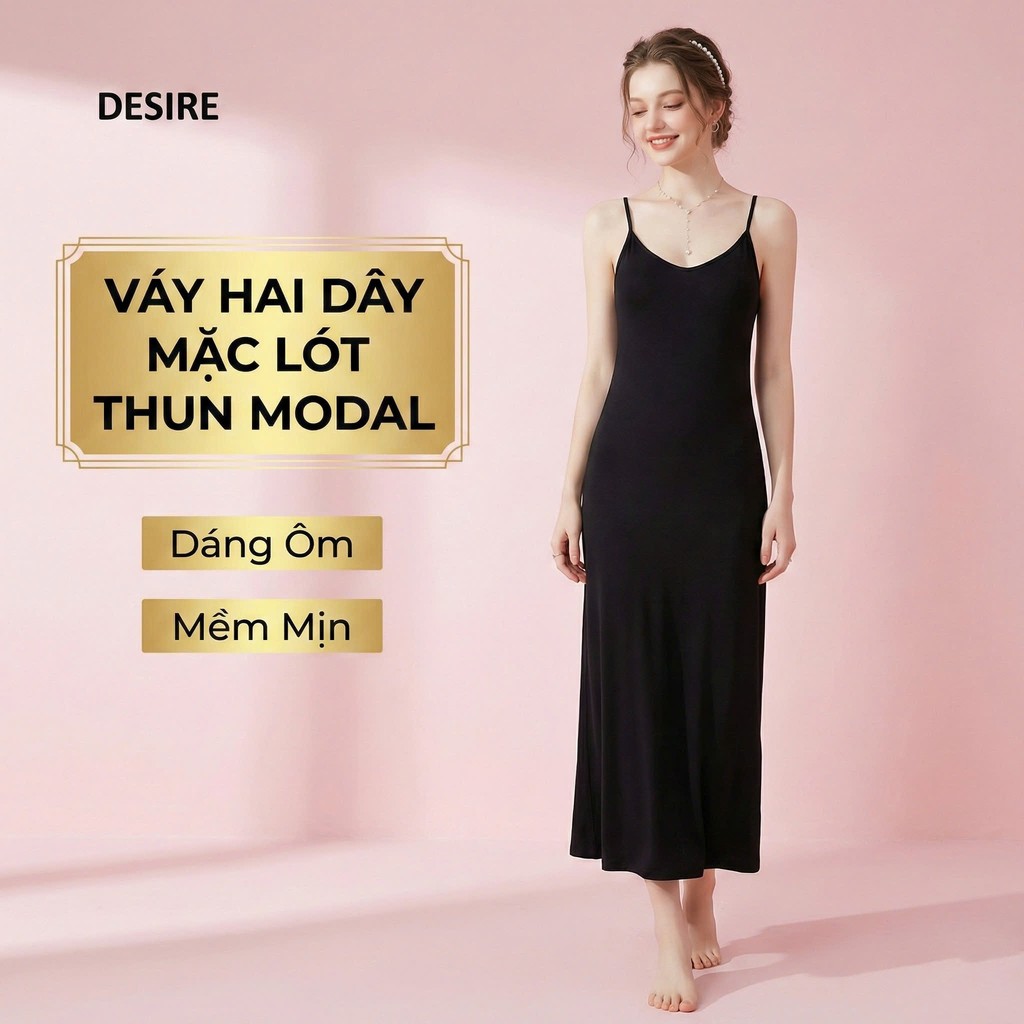 Desire Store, Váy hai dây mặc lót cổ V thun Modal (gỗ sồi) mềm mịn  đầm hai dây mặc lót dáng ôm BTM-1009 image 3 of 34