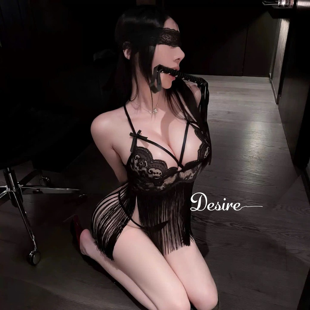 Desire Store, 9539 Váy ngủ ren tua rua sexy - Đầm ngủ hai dây hot girl xuyên thấu gợi cảm DESIRE - Váy + Quần chip Đen + Bịt Mắt W23 Đen (40-60kg) image 15 of 16