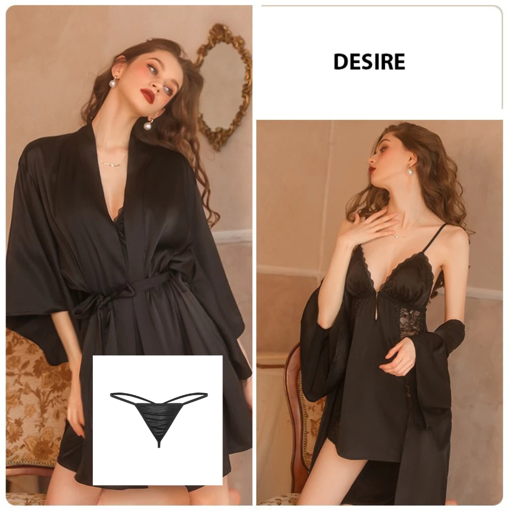 Desire Store, Set Váy ngủ hai dây có mút đệm ngực và áo choàng lụa cao cấp DESIRE VN-1690 - Váy+Choàng+Chip Đen, XL image 20 of 28