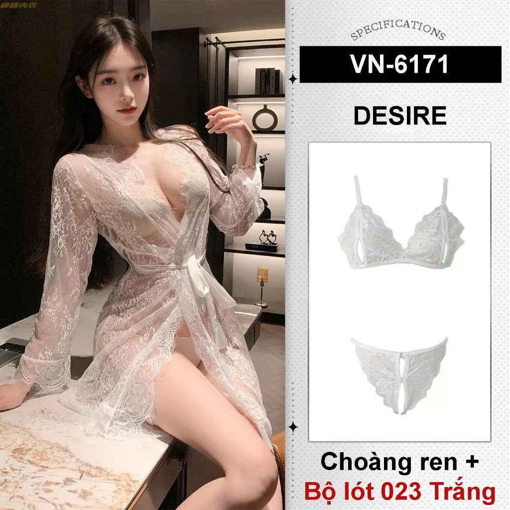 Desire Store, Set áo choàng Ren xuyên thấu Phong cách tiểu thư Sang chảnh gợi cảm DESIRE VN-6171 - Choàng ren+023 Trăng image 15 of 19