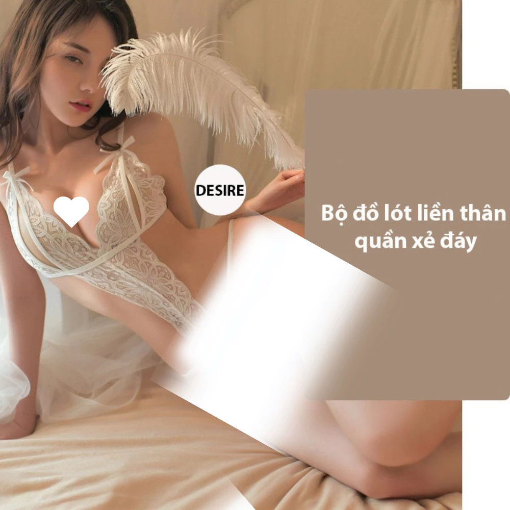Desire Store, Set đồ lót liền thân ren xẻ đáy và Áo choàng lụa set lót ren gợi cảm sexy VN-8458 - Nội y ren Trắng, L (54-65kg) image 22 of 22