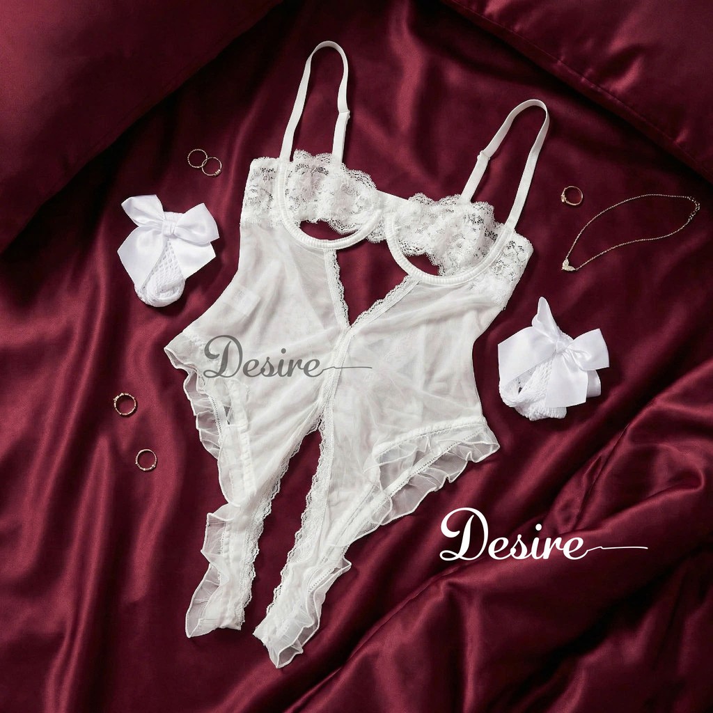 Desire Store, Bộ váy ngủ liền thân Bodysuit ren có gọng DESIRE VN-8914 - Váy Trắng + Tất T-012, L(53-63kg) image 14 of 18