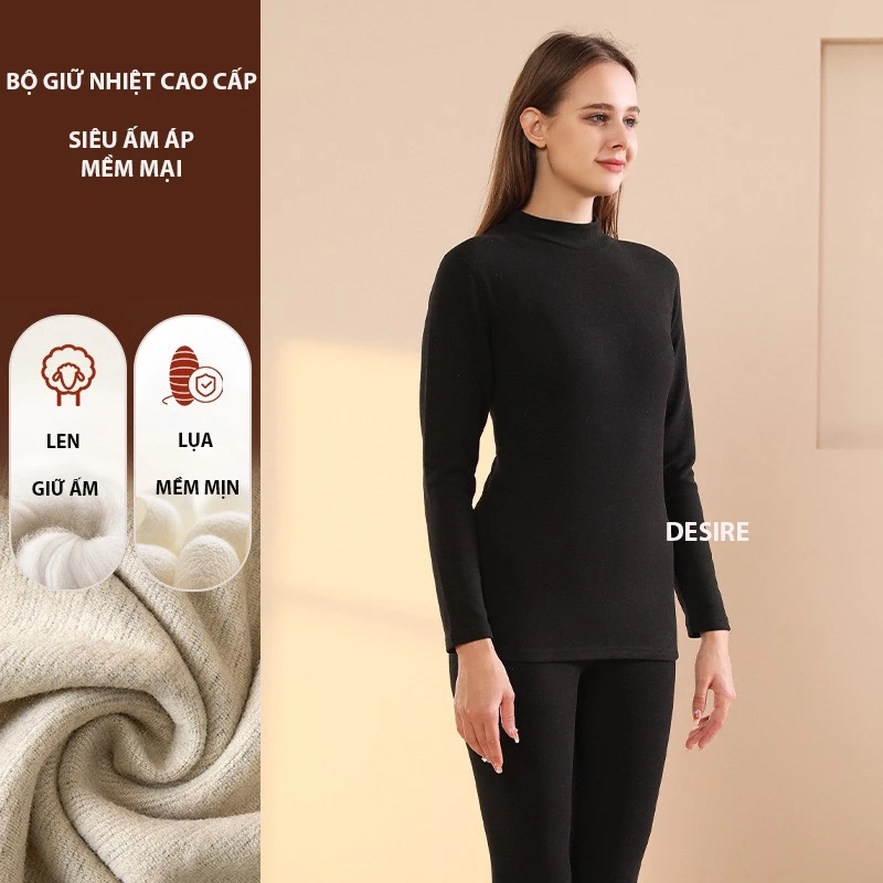 Desire Store, Bộ Giữ Nhiệt Nữ Cổ Cao Dày Ấm Áp Vải Nhung Lót Len Cashmere AGN-003 - Màu Đen cổ cao, 2XL image 9 of 11